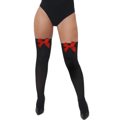 ADULTS BLACK HOLD UP STOCKINGS WITH RED BOWS THIGH-HIGH LADIES