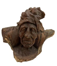Large Native American Bust Wood Stump Carving FOLK ART Signed Indigenous Sorrow