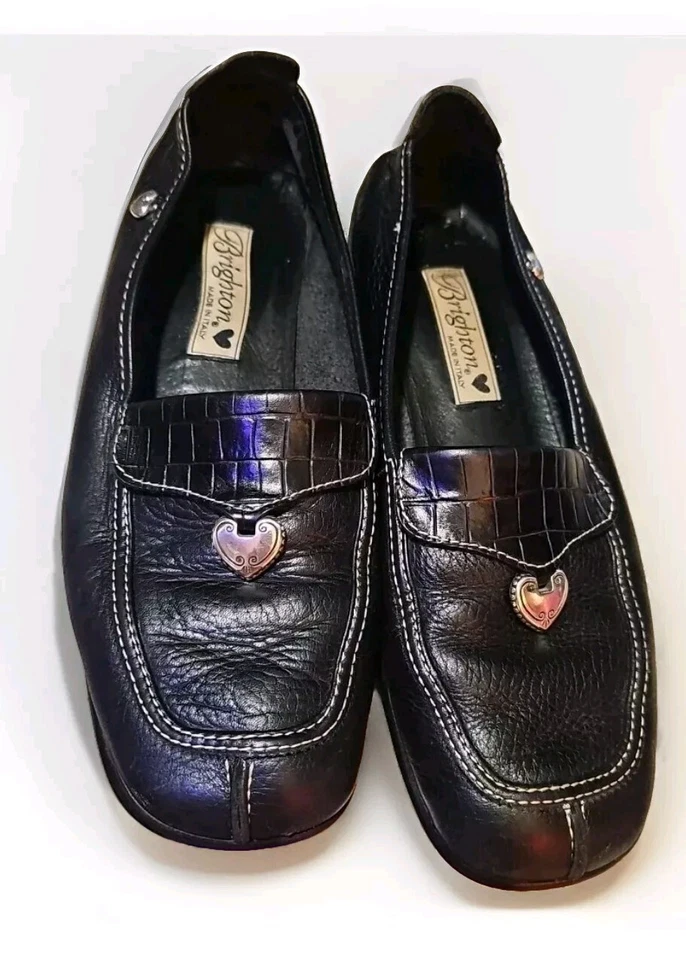 Mocasines Brighton Cuero Negro Suave 7.5 Plata Corazón Dije Hecho en Italia 87 Foto 2 de 4