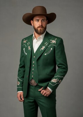 Men Green 3Pc Bespoke Floral Embroidered Nudie Western cowboy Cocktail Outfit