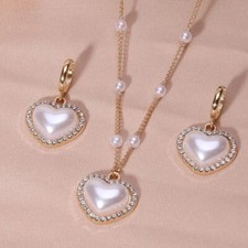 Fashion Women Shiny Heart Shape Faux Pearls Jewelry Set Pendant Necklace Earring