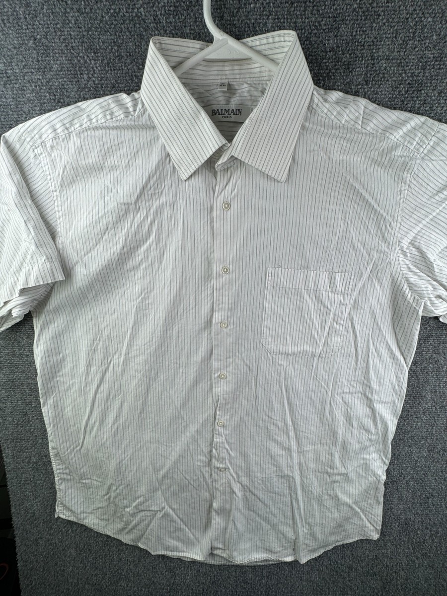Balmain Paris Striped Gray Button Up Short Sleeve Shirt XL 43-44