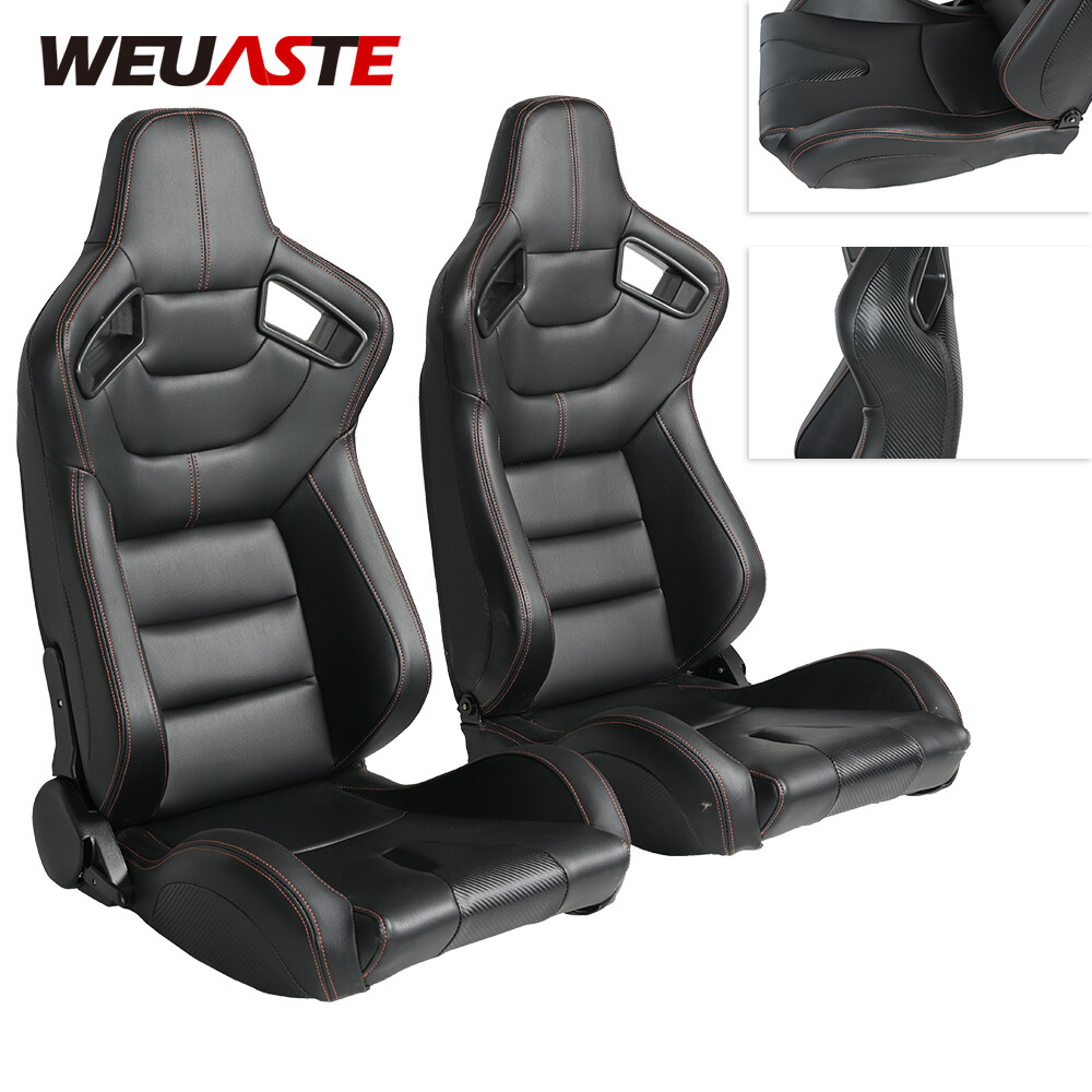 2x Adjustable Car Racing Seats Black Faux Leather + Orange String With