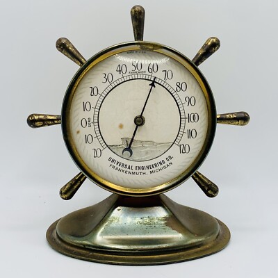 Vtg 30-40 s Brass Nautical Ships Wheel Advertising Thermometer Frankenmuth Mi