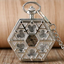 Vintage Snowflake Hexagon Shape Hand Winding Mechanical Pocket Watch FOB Chain