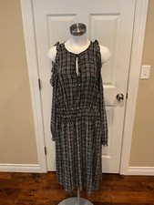 Michael Kors Gray & White Plaid Cold Shoulder Tie-Neck Midi Dress, Size L NWT!
