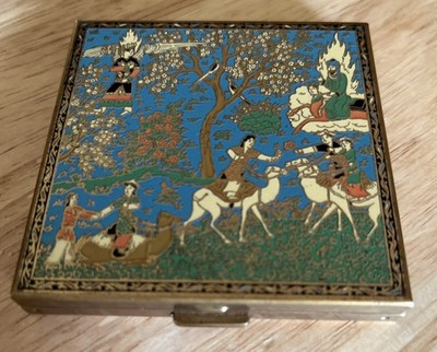 Volupte Vintage Compact Persian Figural Camel & Angel Scene USA Champleve Style