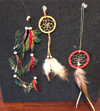 Set of 3 - Mini 2" Dream Catcher Native American Ornament + Feather Wall Hanging