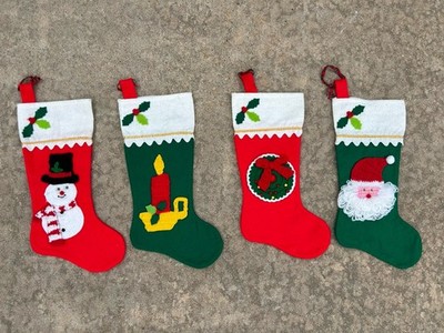 4 Vtg Felt Christmas Stockings Set Knitted Santa Wreath Snowman Candle Appliquéd