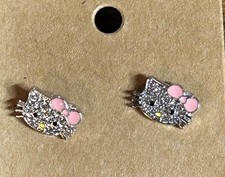 Hello Kitty Womens Clear Crystal Stud Earrings Pink Enamel Bow