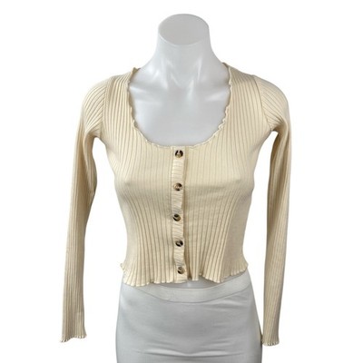 Topshop Women's Cream Ribbed Knit Lettuce Long Sleeve Button Up Crop Top Size 4