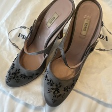 Prada Vintage Mules W/Mary Jane Strap-Grey Satin W/ Embroidery & Beading 36 1/2