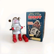 Red Piston Action Robot Robby the Robot Tin Battery Operated NEW 