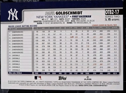 2025 Topps Series 2 #OTB2-17 Paul Goldschmidt *SUPERBOX EXCLUSIVE OVERSIZED CARD - Picture 2 of 3