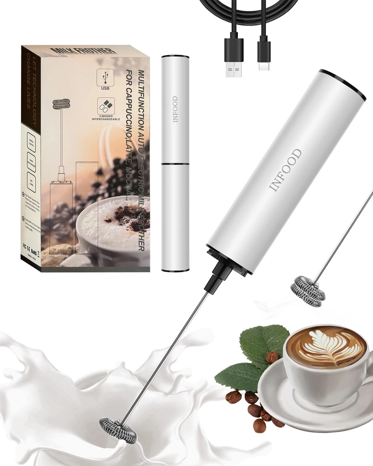 Milk Frother Rechargeable with Cover - Coffee Frother Wand, Drink Mixer Handh...
