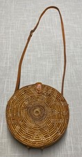 Vintage Circle Purse 70s Round Woven Rattan Wicker Crossbody Bag Retro Boho