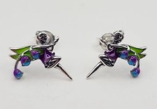 925 Sterling Silver Tiny Tinkerbell Fairy Holding Bluebell Stem Stud Earrings