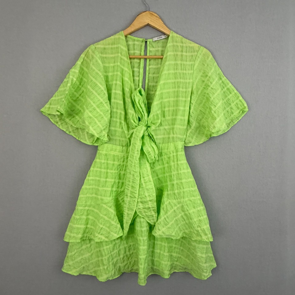 Sheike Dress Womens 6 Green Fit & Flare Check Tie Front Flutter Sleeve Boho Mini