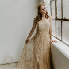 BHLDN x Joanna August Brenda Star Strapless Midi Dress 8 Gold Bridal Tulle NWT
