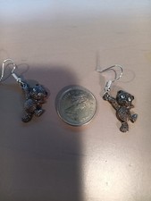 Girls Pewter Tone Teddy Bear Themed Dangling Earrings with Rhinestone Accent
