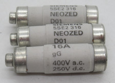 SIEMENS - LOT OF 3 NEOZED 5SE2 316 FUSE 16A, 5SE2316 D01 400V AC 250V DC