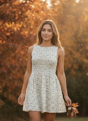 Free People Dress Womens M Cream Blue Petunia Ditsy Floral Smocked Mini New