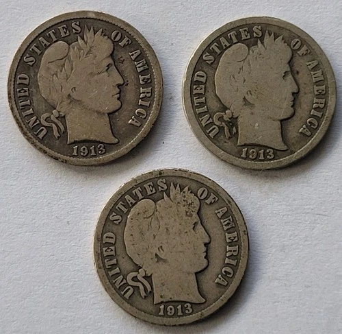 Lot of 3 1913 Barber Silver Dimes
