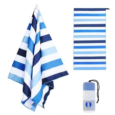 Quick Dry Microfiber Beach Towel Oversized, Sand Free Cabana Stripe Towel, Blue