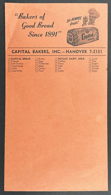 Vintage Advertising Stationary Capital Bread Bakery Hanover Pennsylvania Unused