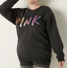 NEW Victoria's Secret PINK Everyday Lounge Campus Crew Sweatshirt Gray Logo XS