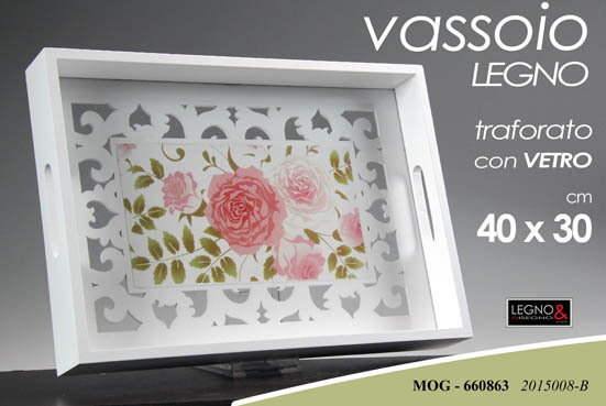VASSOIO IN LEGNO TRAFORATO CON VETRO 40X30CM MOG-660863