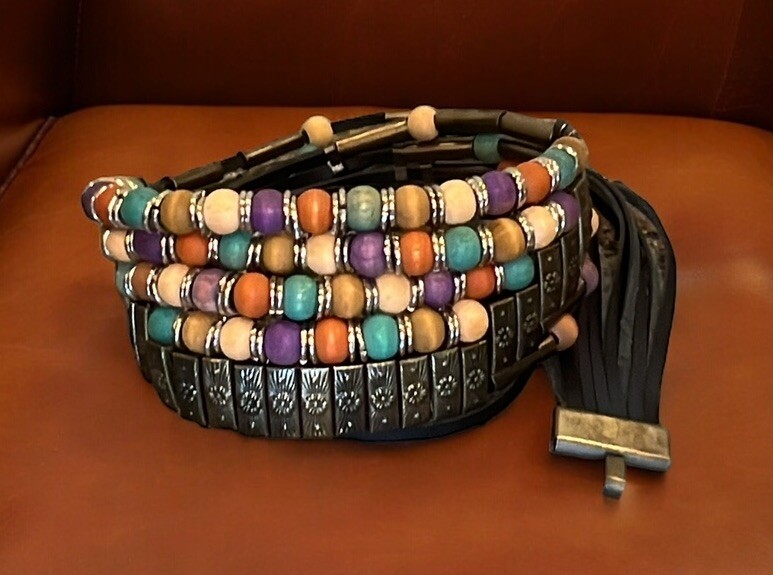 Vintage Wood Beaded Belt Brass Accents Colorful Hippie Retro  display picture 1