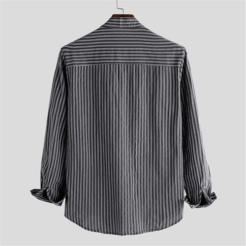 Herren-Retro-Streifen-Langarmhemd Kragenlose Freizeithemden Für Opa To△ ≌ - Bild 6 von 15