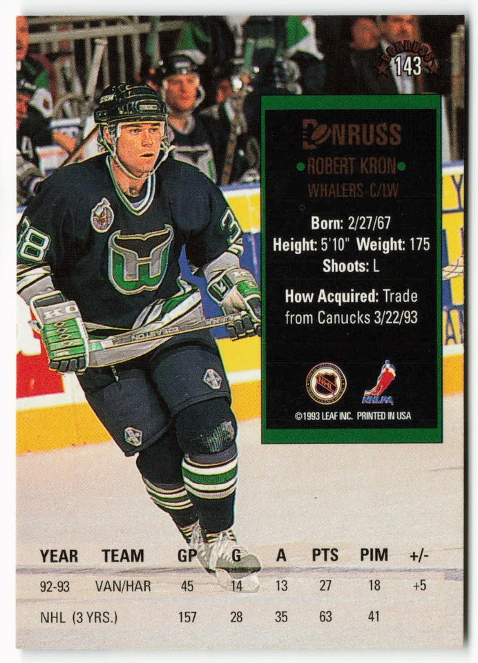 1993-94 Robert Kron Donruss - Hartford Whalers - Image 2 of 2