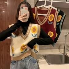 Lady Knitted Vest Tank Top Sweater Waistcoat Sleeveless V-neck Floral Casual