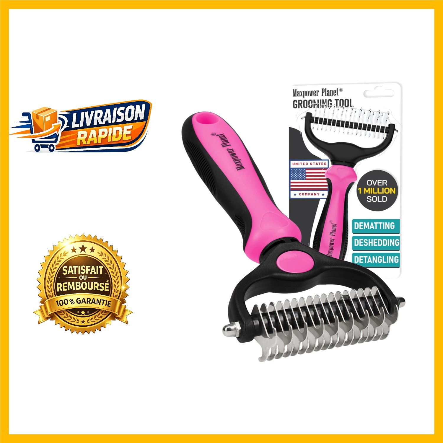 Peigne à poils rose brosse démêlante double face chat et chien à poil long