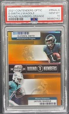 2021 CONTENDERS OPTIC DEVONTA SMITH JAYLEN WADDLE ROUND NUMBERS ORANGE 50 PSA 10