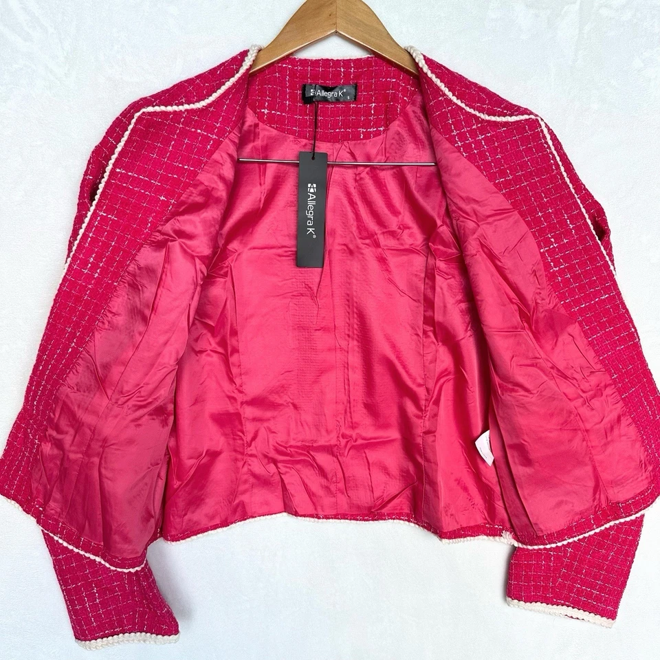 Lo último Blazer Rosa a Cuadros Tweed Manga Larga Frente Abierto Talla S Trabajo Oficina Chaqueta Corta Foto 3 de 4