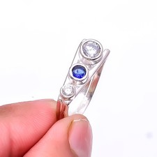 Blue Sapphire - Simulated White Topaz 925 Sterling Silver Ring s.8 Sku1