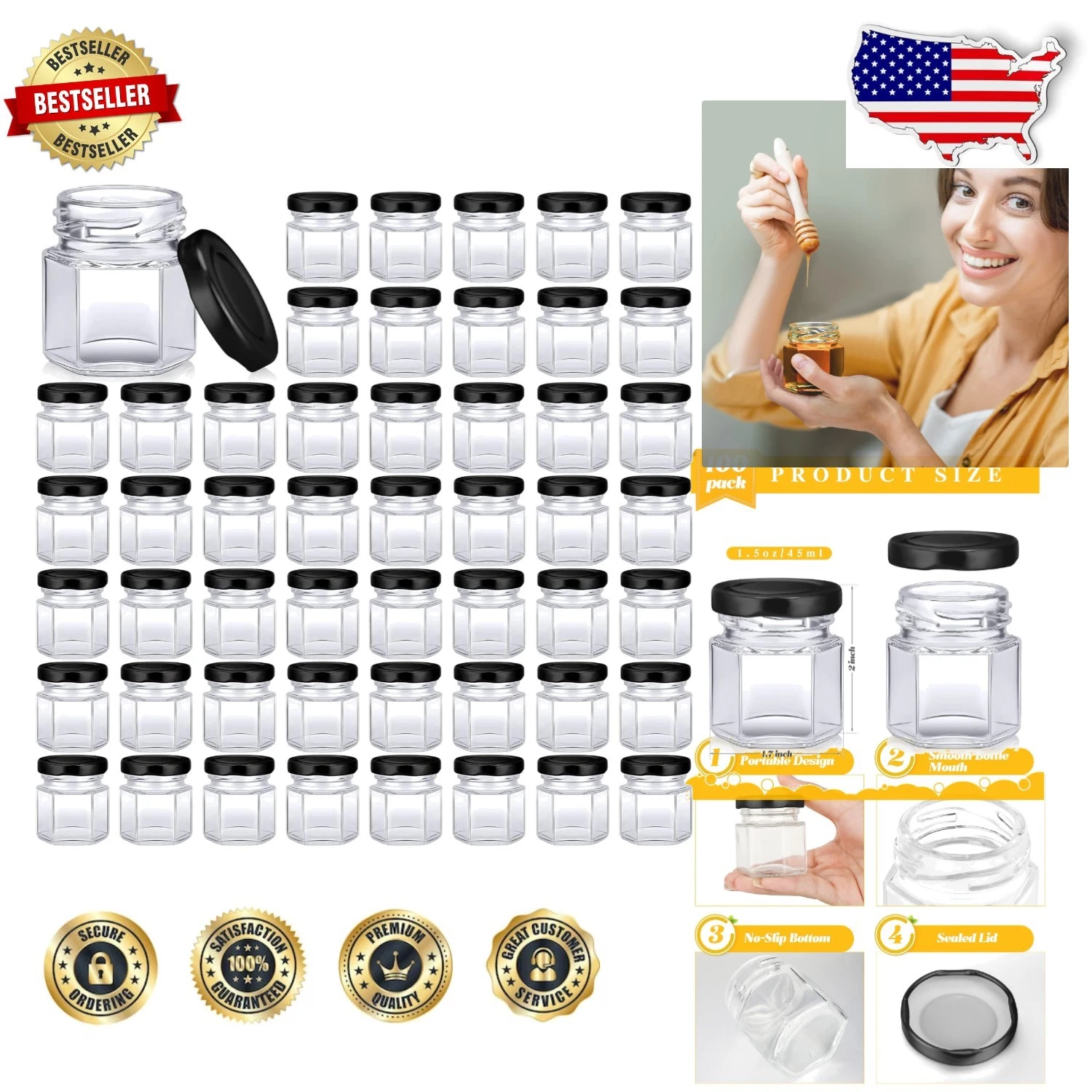 Versatile 100pk 45ml Hexagon Glass Jars Bulk w/ Airtight Lids, Dishwasher Safe