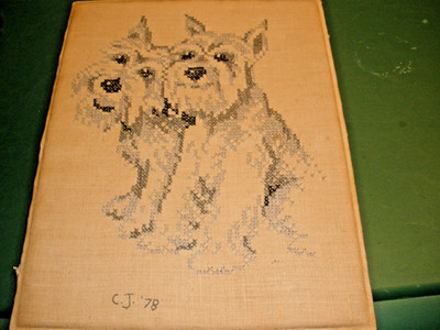 Vintage Finished Cross Stitch Piece Terrier Dogs 10.5''x13.5''