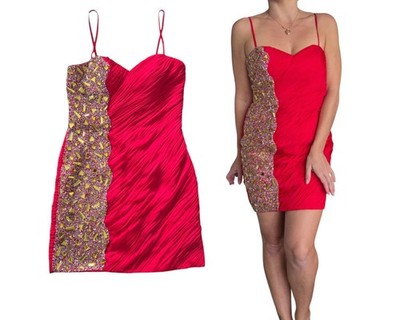 VTG Y2K Dave & Johnny Mini Prom Dress sz 3/4 Red Gold Bodycon Embellished Corset