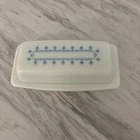 Vintage Pyrex Butter Dish White Milk Glass Blue Snowflake Garland - Excellent!