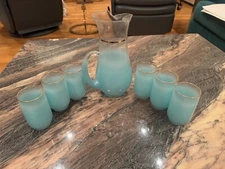 Vintage West Bend Blendo Aqua Pitcher and Tumblers Gold Rim Mid Century