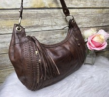 Sondra Roberts Brown Genuine Leather Woven Accent Purse Shoulder Bag Hobo