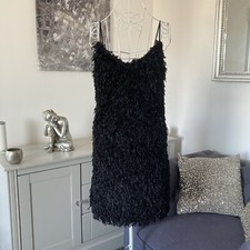 Black Fluffy Faux Fur Scoop Neck Adjustable Straps Sleeveless Mini dress 36 UK 8