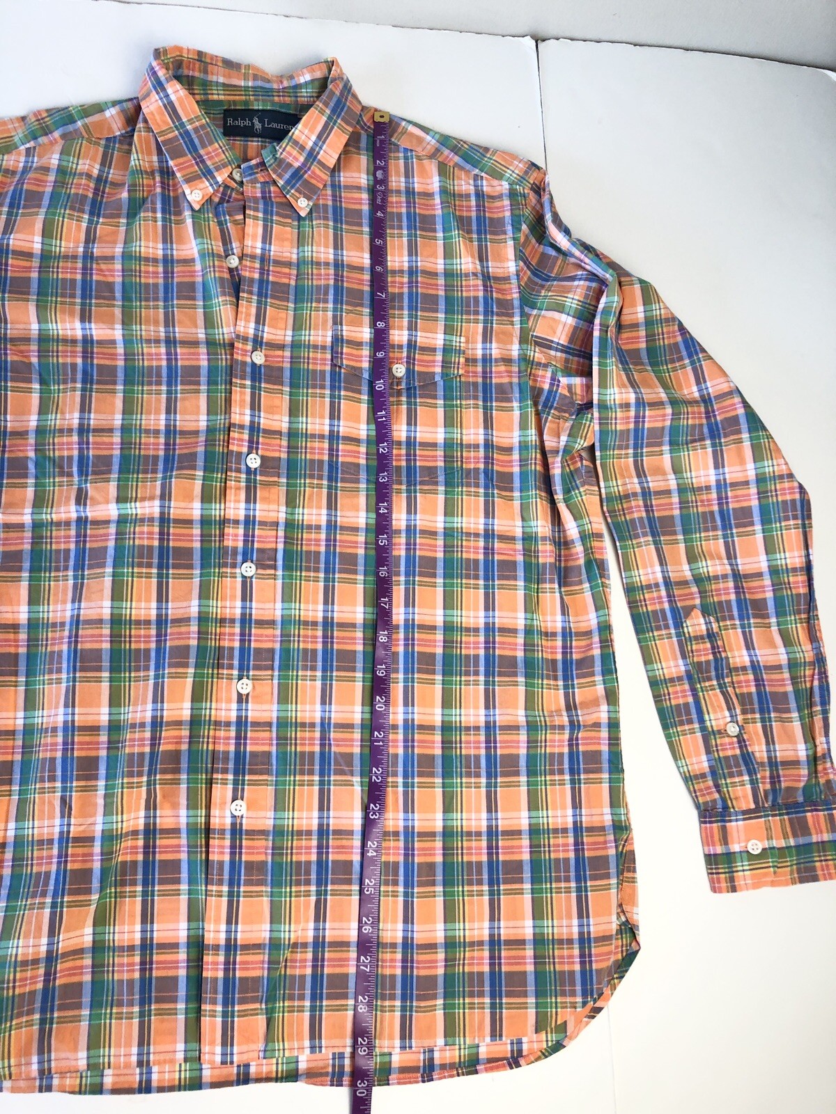 Polo Ralph Lauren Button Down Dress Shirt Mens SZ Large Orange Green Plaid READ! thumbnail 5