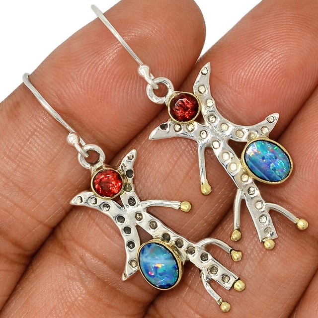 Two Tone Australian Fire Opal 925 Sterling Silver Earrings AE128959