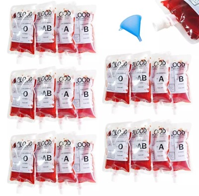 20 Pack Blood Bags with Caps for Halloween Party Vampire Zombie Drinks 8.5oz