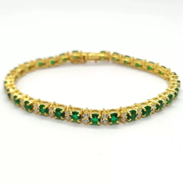 9.05CT Created Green Emerald & Diamond Tennis Bracelet 14K Yellow Gold Plated